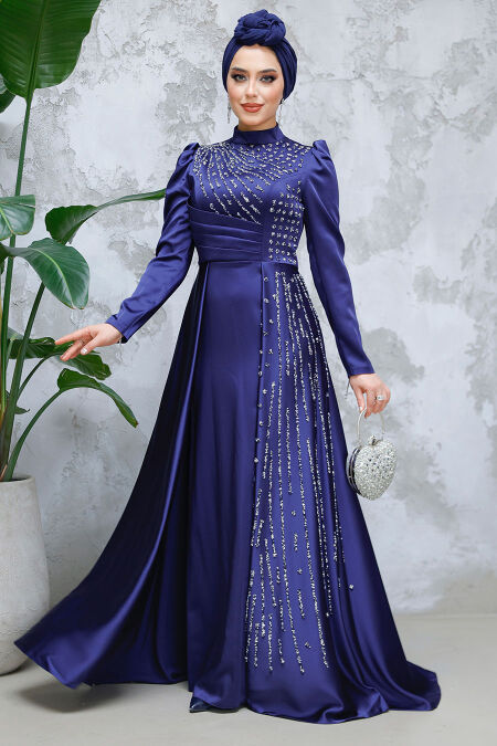 Modest Navy Blue Satin Evening Gown 47112L - NEVA STYLE