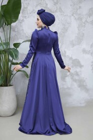 Modest Navy Blue Satin Evening Gown 47112L - 6