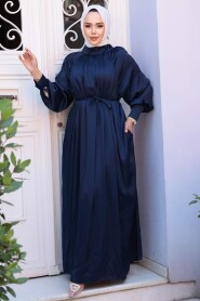 Modest Navy Blue Satin Long Dress 12607L - 3