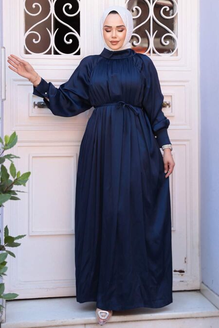 Modest Navy Blue Satin Long Dress 12607L - NEVA STYLE