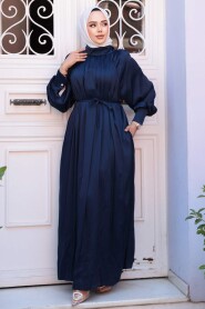 Modest Navy Blue Satin Long Dress 12607L - 2