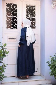 Modest Navy Blue Satin Long Dress 12607L - 4