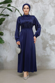 Modest Navy Blue Satin Plus Size Dress 65880L - 2