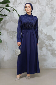 Modest Navy Blue Satin Plus Size Dress 65880L - 3