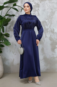 Modest Navy Blue Satin Plus Size Dress 65880L 