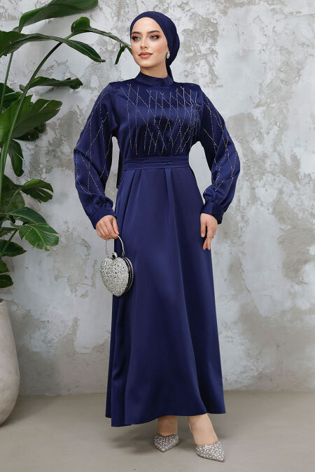 Modest Navy Blue Satin Plus Size Dress 65880L - NEVA STYLE