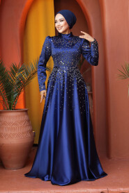 Modest Navy Blue Satin Prom Dress 25894L - 2