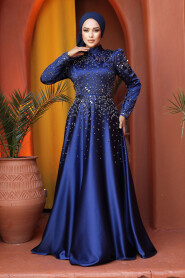 Modest Navy Blue Satin Prom Dress 25894L - 3