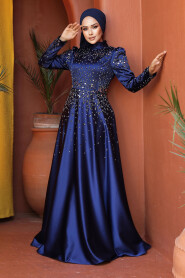 Modest Navy Blue Satin Prom Dress 25894L - 1