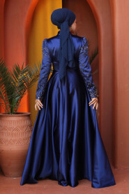 Modest Navy Blue Satin Prom Dress 25894L - 4