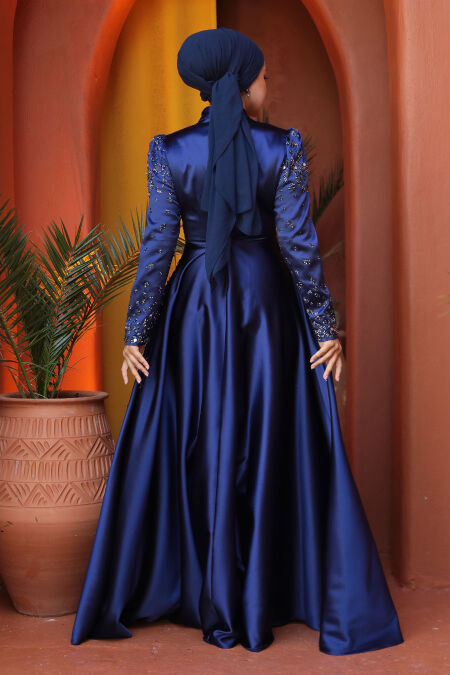 blue marine dresses Navy Blue Lace High Neck Tulle Long Prom Dress Evening Dresses TP0930 US8 / Custom Color