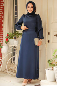 Modest Navy Blue Satin Prom Dress 5948L - 2