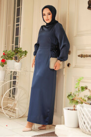 Modest Navy Blue Satin Prom Dress 5948L - 3