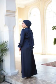 Modest Navy Blue Satin Prom Dress 62132L - 5