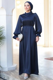 Modest Navy Blue Satin Prom Dress 62132L - 2