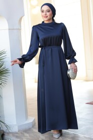 Modest Navy Blue Satin Prom Dress 62132L - 4