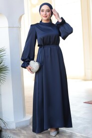 Modest Navy Blue Satin Prom Dress 62132L - 3