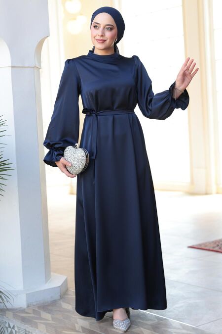 Modest Navy Blue Satin Prom Dress 62132L - NEVA STYLE
