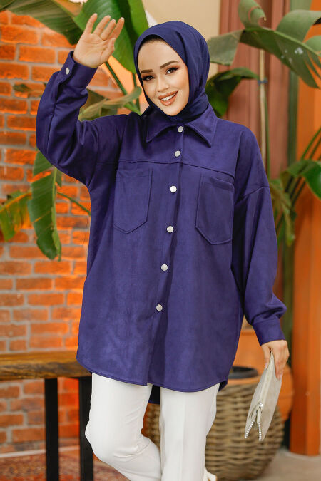 Modest Navy Blue Suede Shirt 10305L - NEVA STYLE