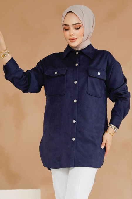 Modest Navy Blue Suede Shirt 20305L - NEVA STYLE