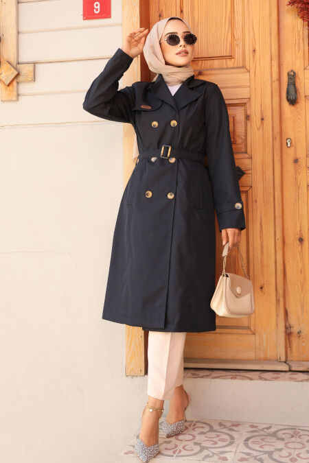 Modest Navy Blue Trench Coat 60500L - NEVA STYLE