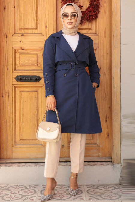 Modest Navy Blue Trench Coat 61171L - NEVA STYLE
