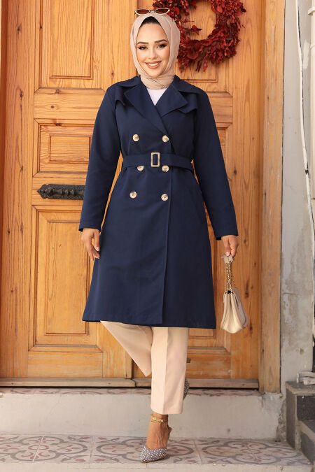 Modest Navy Blue Trench Coat 61221L - NEVA STYLE