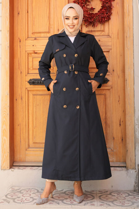 Modest Navy Blue Trench Coat 61500L - NEVA STYLE
