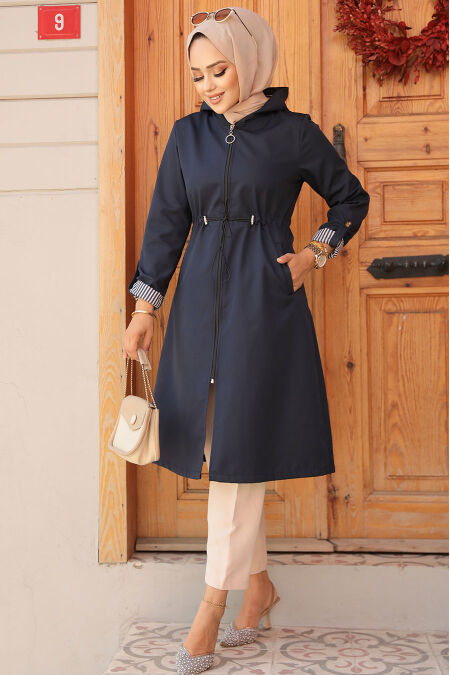 Modest Navy Blue Trench Coat 69721L - NEVA STYLE