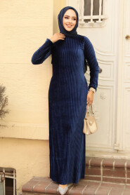 Modest Navy Blue Velvet Dress 22751L - 2