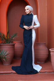 Modest Navy Blue White Wedding Dress 49651LB - 3