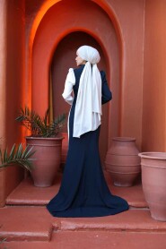 Modest Navy Blue White Wedding Dress 49651LB - 4