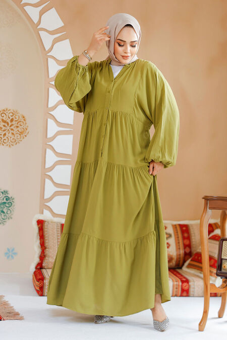 Modest Oil Green Dress For Women 20612YY - NEVA STYLE