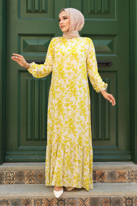 Modest Oil Green Floral Dress 15728YY - NEVA STYLE