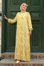 Modest Oil Green Floral Dress 15728YY - 2