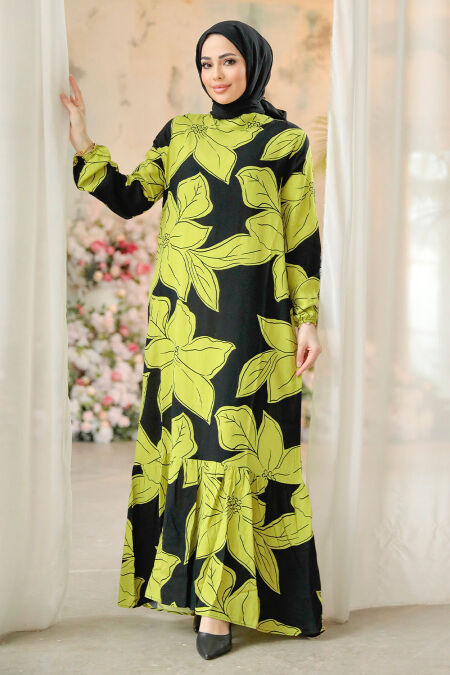 Modest Oil Green Floral Long Dress 15724YY - NEVA STYLE