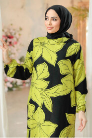 Modest Oil Green Floral Long Dress 15724YY - 2