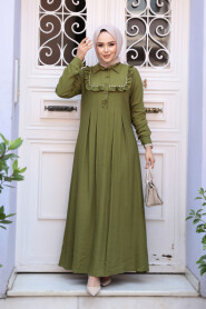 Modest Oil Green Long Dress 7224YY 
