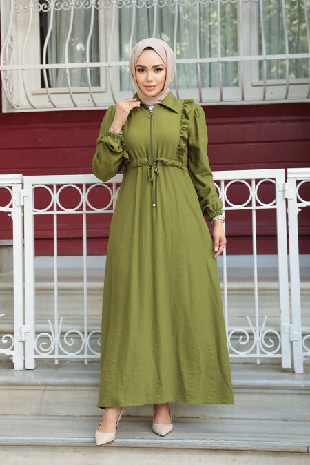 Modest Oil Green Maxi Dress 17021YY - NEVA STYLE