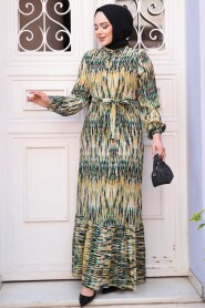 Modest Oil Green Patterned Dress 52721YY - 2