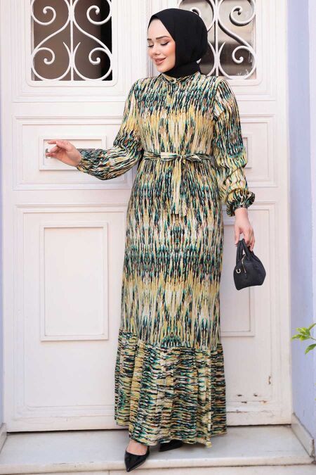 Modest Oil Green Patterned Dress 52721YY - NEVA STYLE