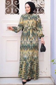 Modest Oil Green Patterned Dress 52721YY - 3