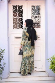 Modest Oil Green Patterned Dress 52721YY - 4