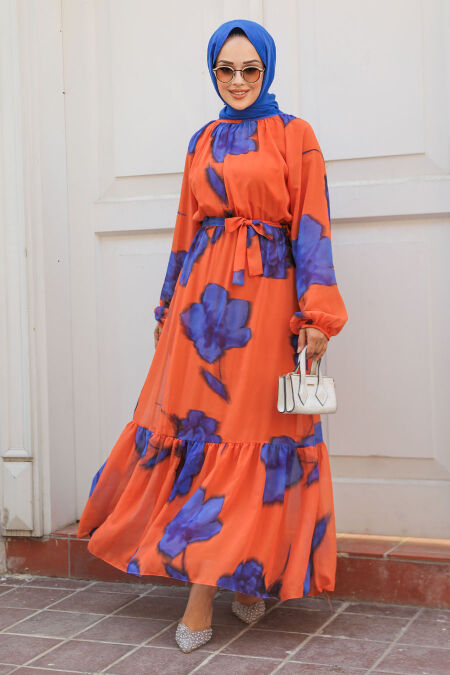 Modest Orange Floral Dress 60942T - NEVA STYLE