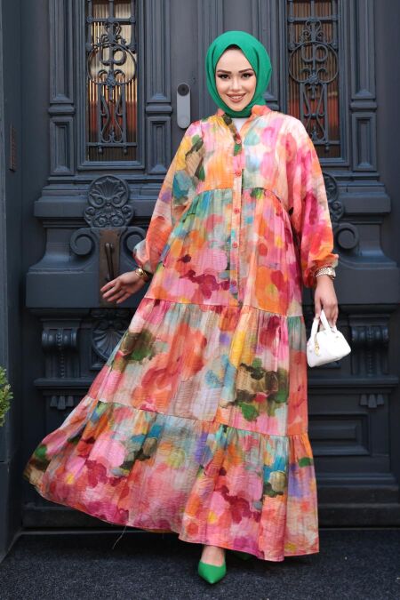 Modest Orange Floral Dress 710506T - NEVA STYLE