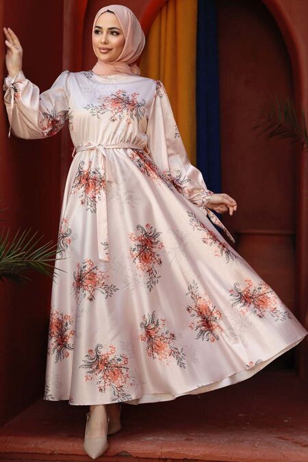 Modest Orange Floral Long Sleeve Dress 60911T - NEVA STYLE