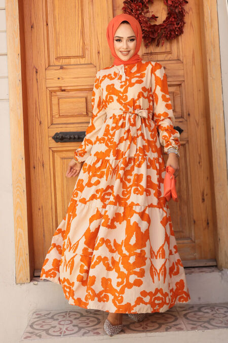 Modest Orange Long Sleeve Dress 23143T - NEVA STYLE