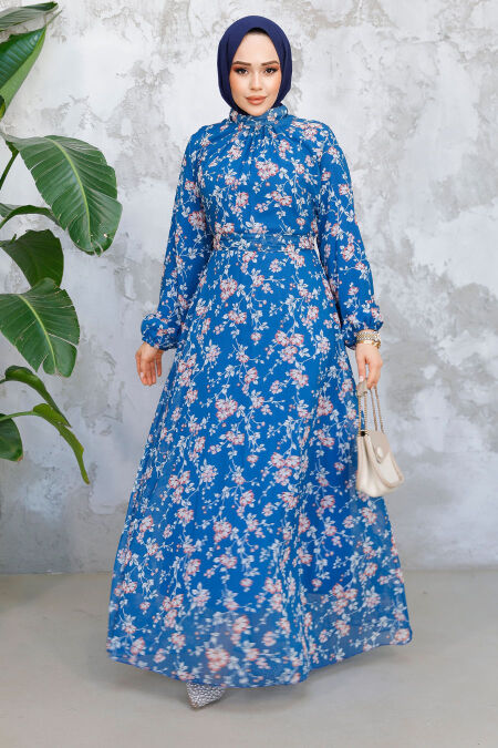 Modest Petrol Blue Floral Dress 52682PM - NEVA STYLE