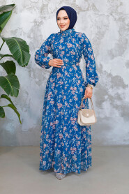 Modest Petrol Blue Floral Dress 52682PM - 2