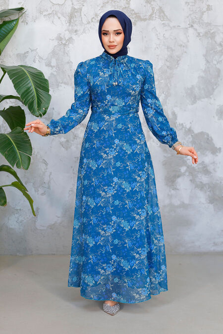 Modest Petrol Blue Floral Long Dress 50812PM - NEVA STYLE